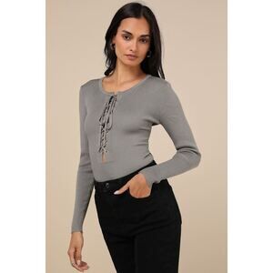 Lulus Intriguing Favorite Olive Lace-up Sweater Top Green - Size XL